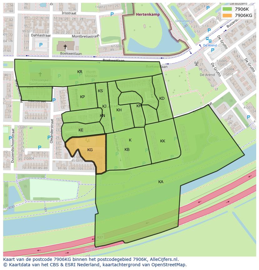 Afbeelding van het postcodegebied 7906 KG op de kaart.