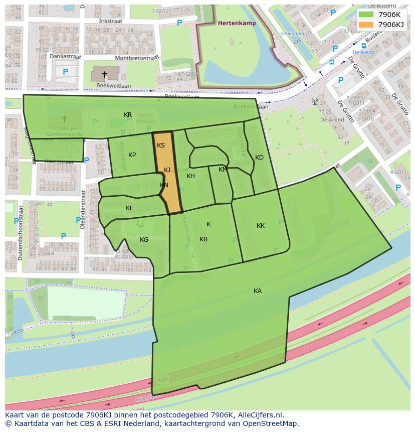 Afbeelding van het postcodegebied 7906 KJ op de kaart.