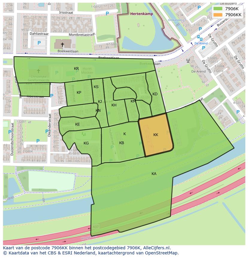Afbeelding van het postcodegebied 7906 KK op de kaart.