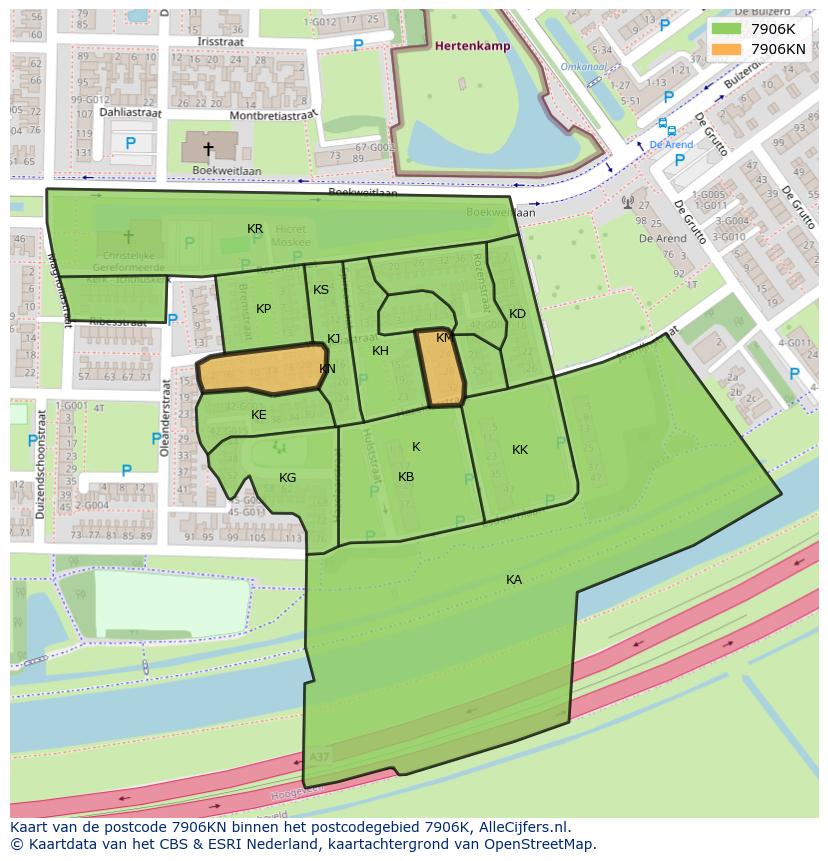 Afbeelding van het postcodegebied 7906 KN op de kaart.