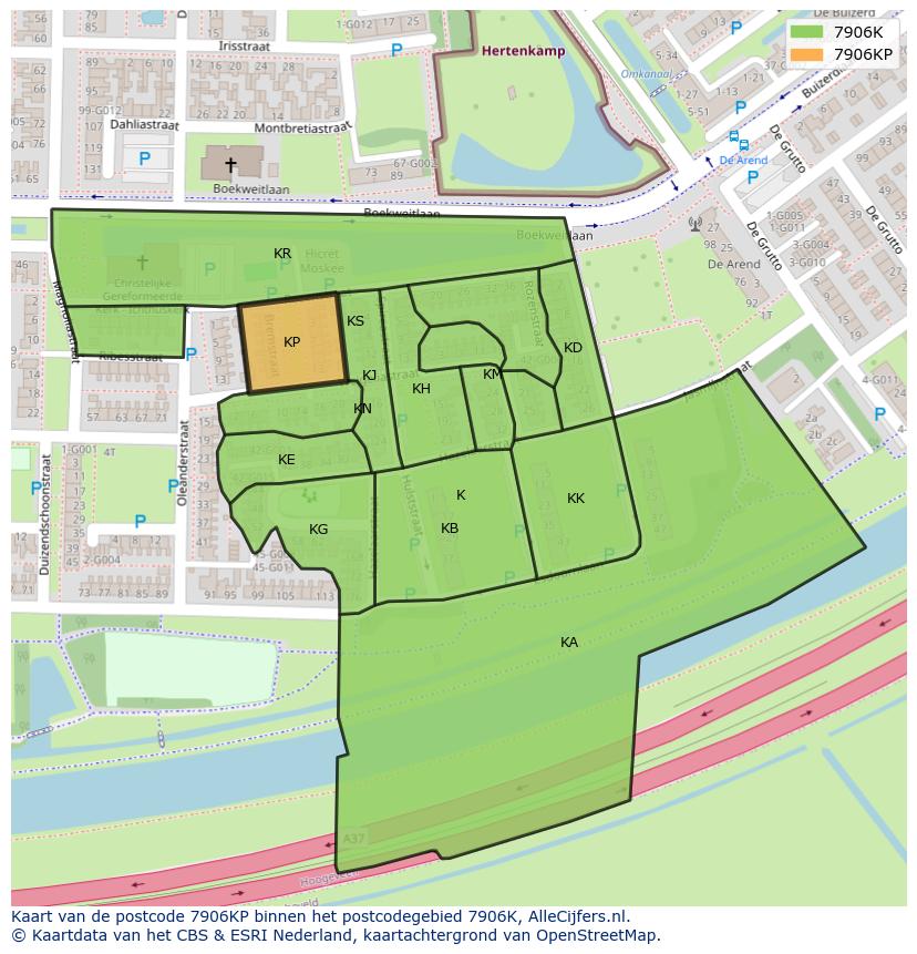 Afbeelding van het postcodegebied 7906 KP op de kaart.