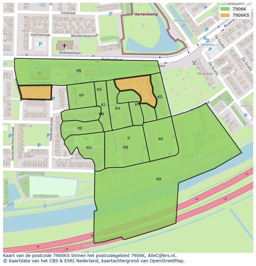 Afbeelding van het postcodegebied 7906 KS op de kaart.