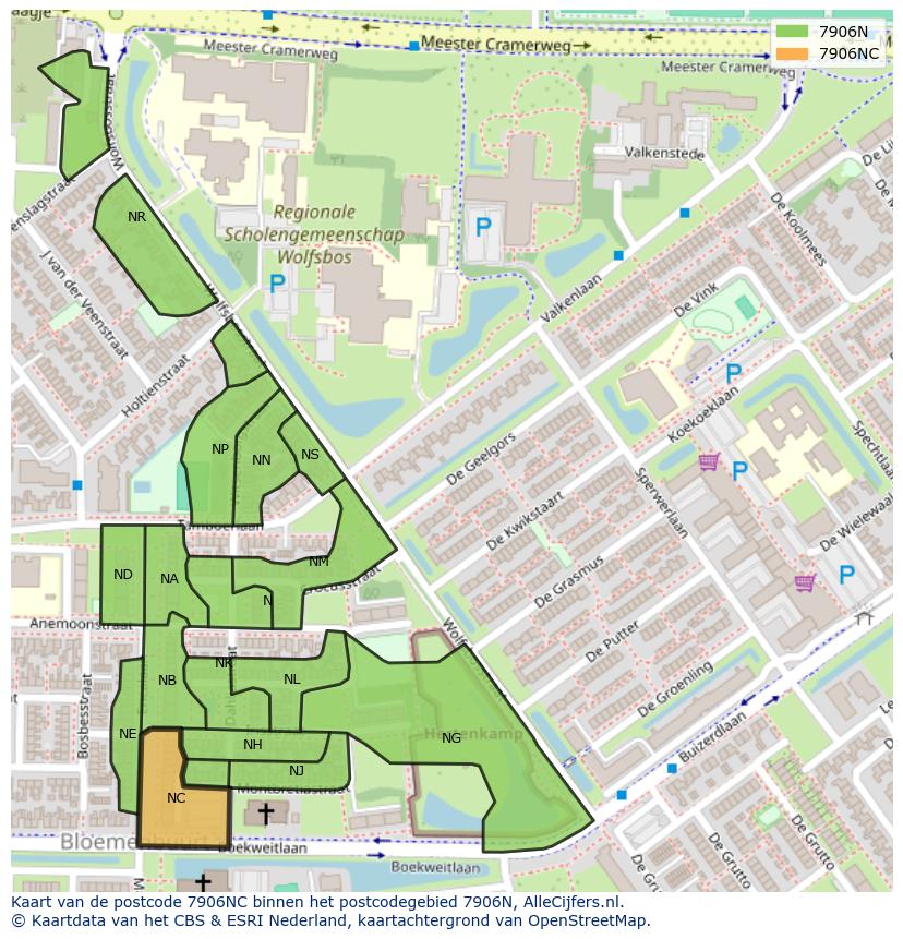 Afbeelding van het postcodegebied 7906 NC op de kaart.