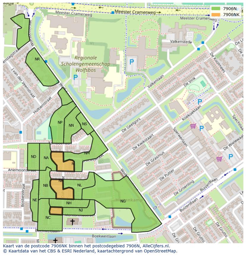 Afbeelding van het postcodegebied 7906 NK op de kaart.