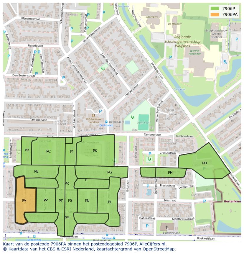 Afbeelding van het postcodegebied 7906 PA op de kaart.