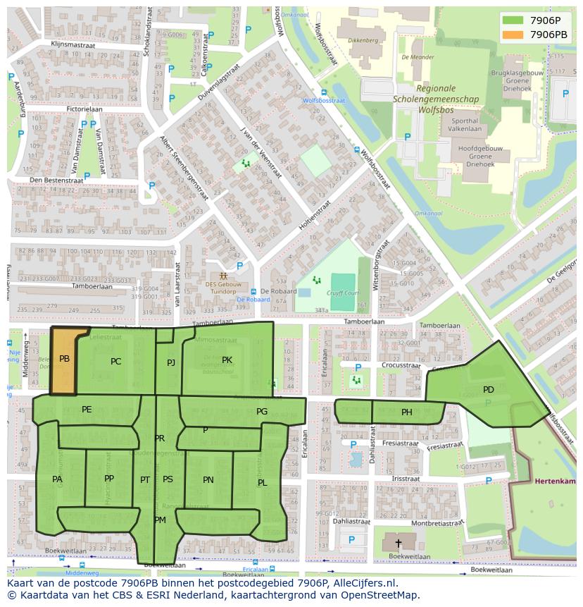 Afbeelding van het postcodegebied 7906 PB op de kaart.