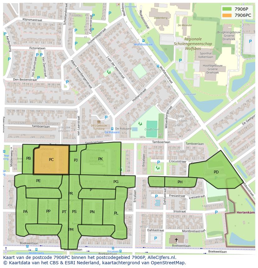 Afbeelding van het postcodegebied 7906 PC op de kaart.