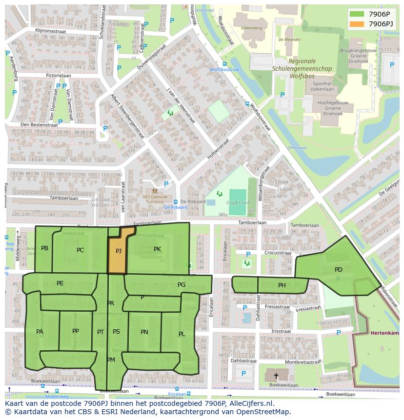 Afbeelding van het postcodegebied 7906 PJ op de kaart.