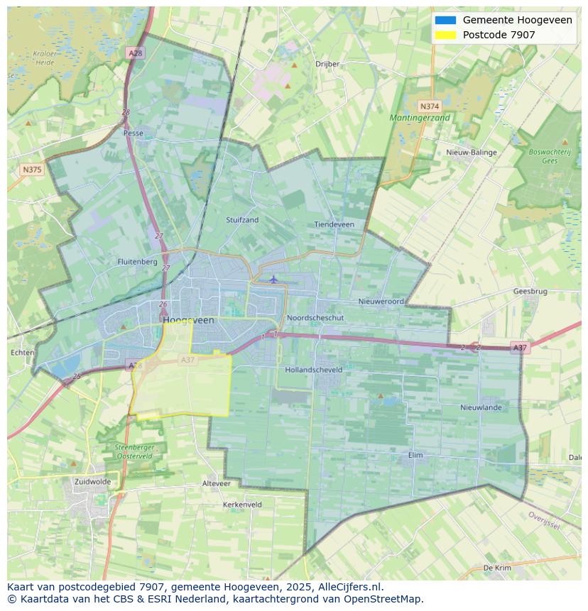 Afbeelding van het postcodegebied 7907 op de kaart.