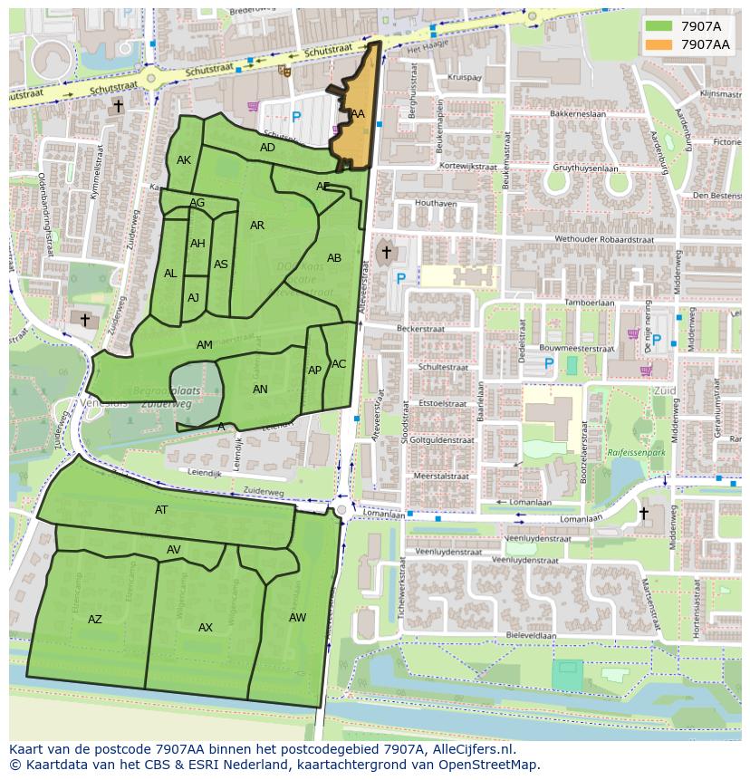 Afbeelding van het postcodegebied 7907 AA op de kaart.