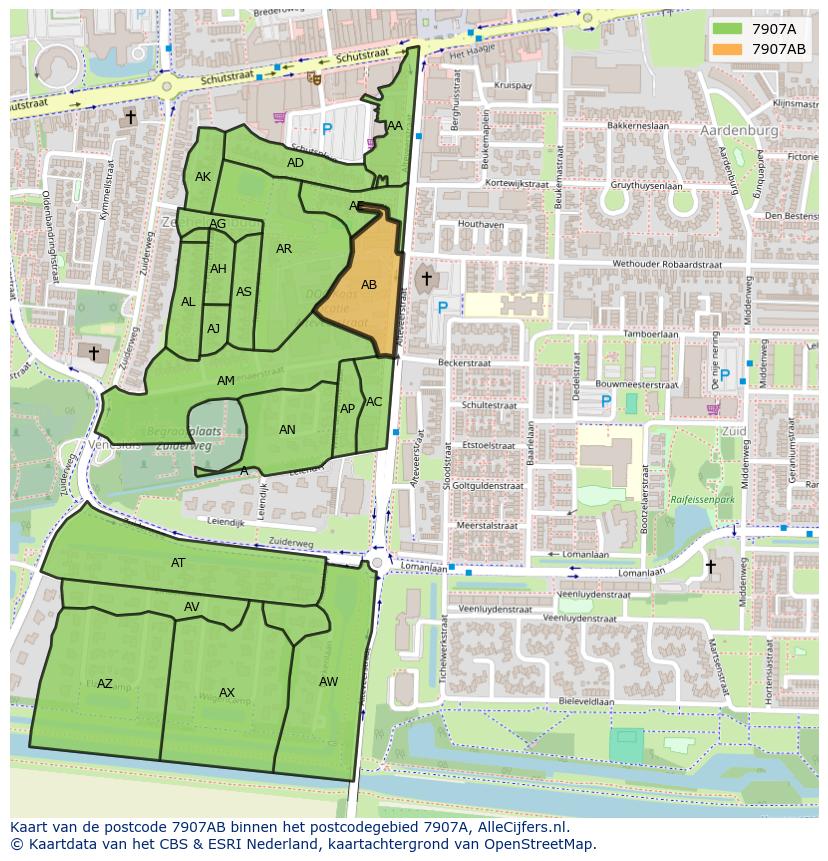 Afbeelding van het postcodegebied 7907 AB op de kaart.