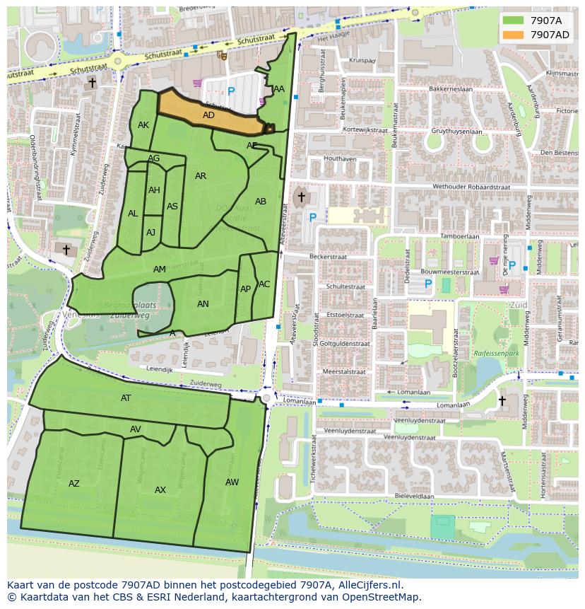 Afbeelding van het postcodegebied 7907 AD op de kaart.