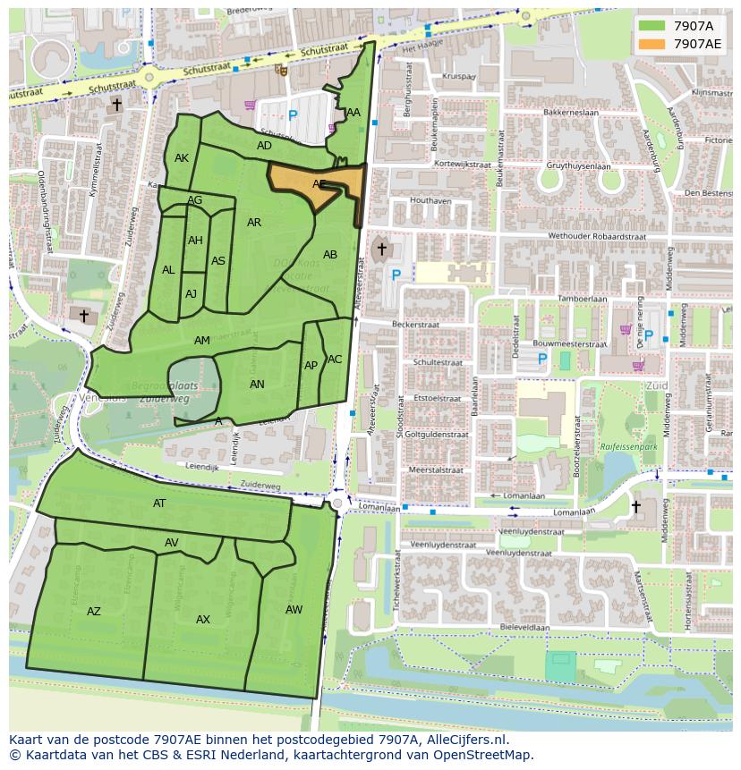 Afbeelding van het postcodegebied 7907 AE op de kaart.