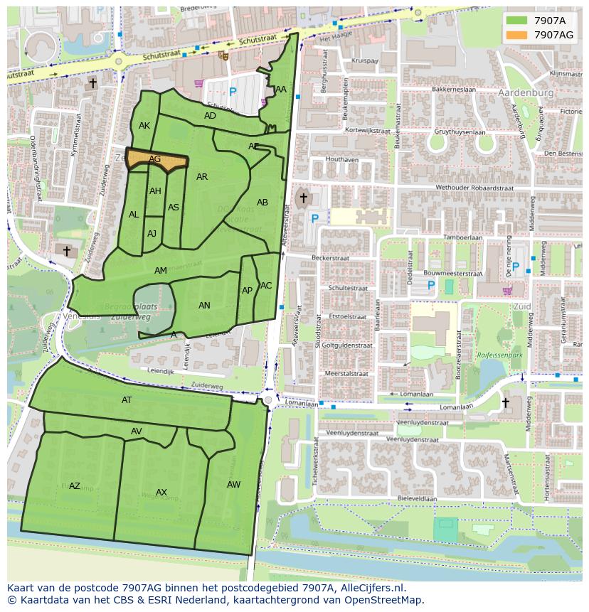 Afbeelding van het postcodegebied 7907 AG op de kaart.