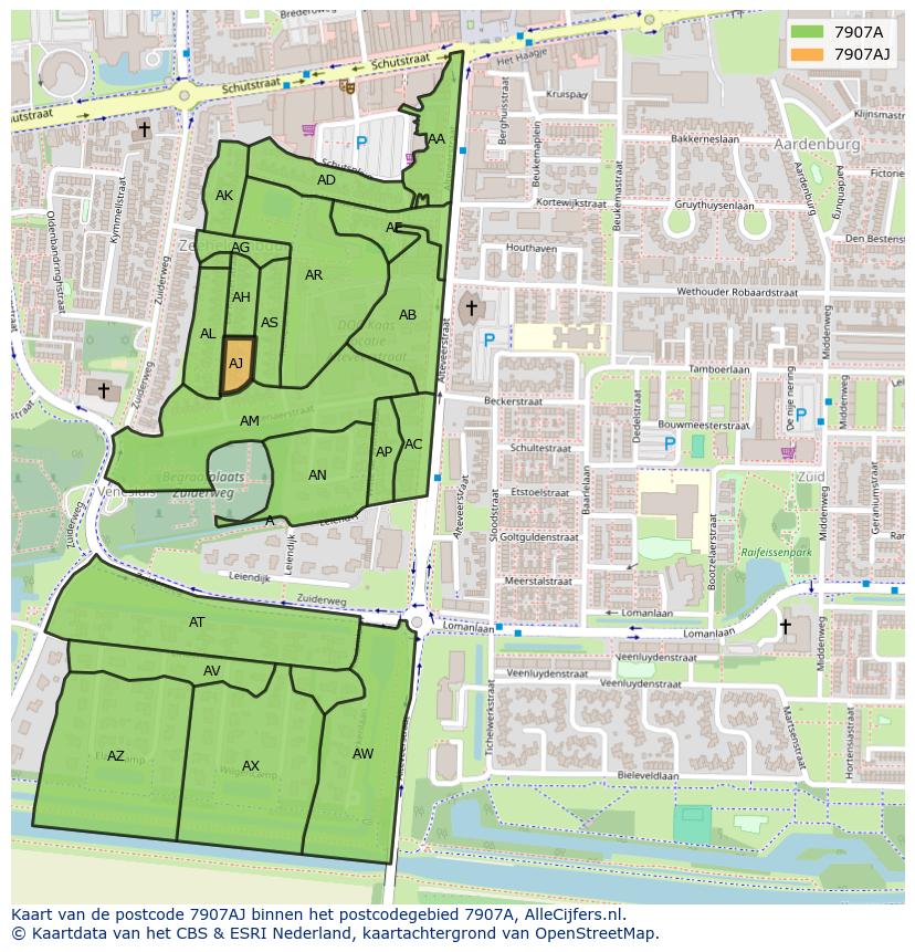 Afbeelding van het postcodegebied 7907 AJ op de kaart.