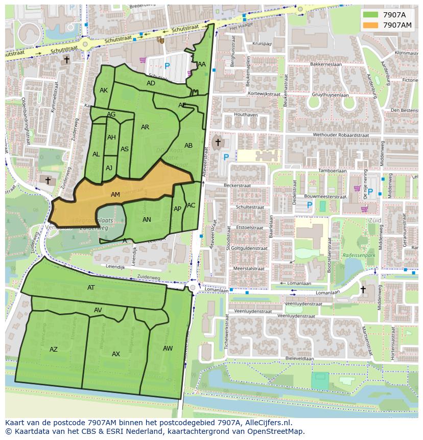 Afbeelding van het postcodegebied 7907 AM op de kaart.