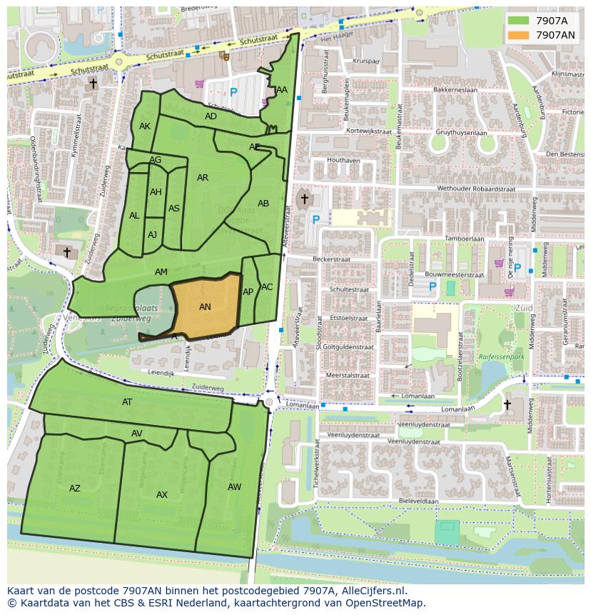 Afbeelding van het postcodegebied 7907 AN op de kaart.