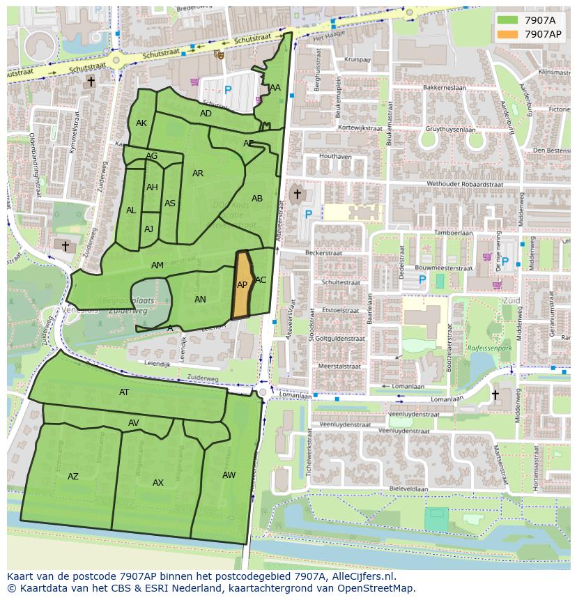 Afbeelding van het postcodegebied 7907 AP op de kaart.