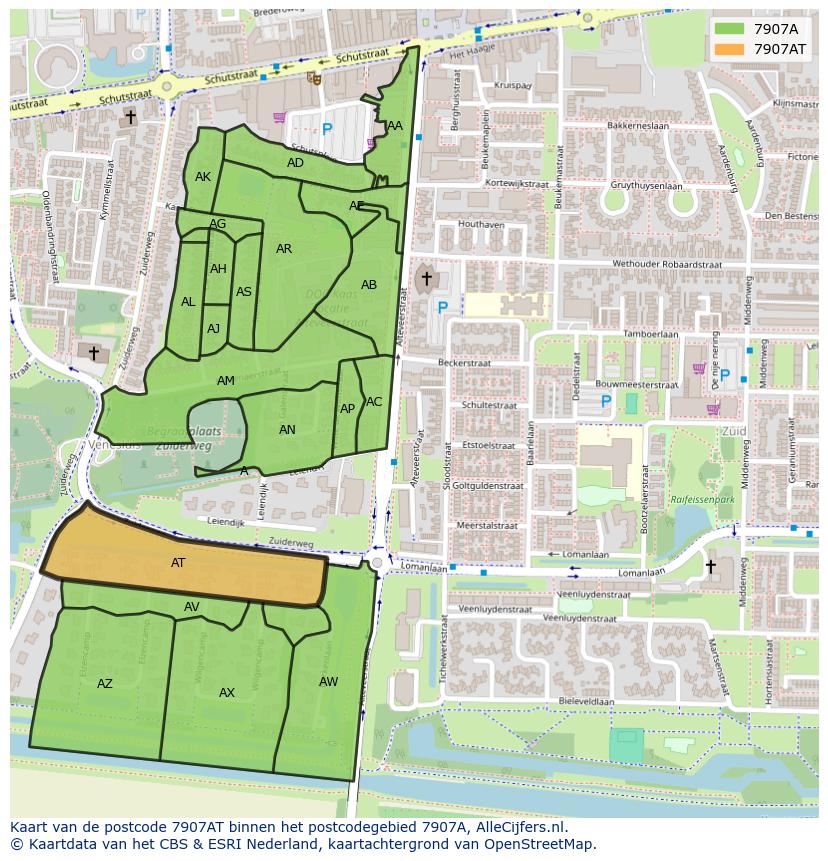 Afbeelding van het postcodegebied 7907 AT op de kaart.
