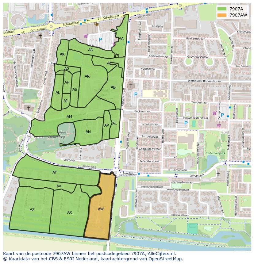 Afbeelding van het postcodegebied 7907 AW op de kaart.