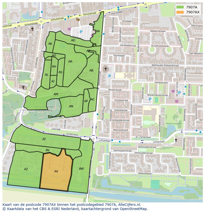 Afbeelding van het postcodegebied 7907 AX op de kaart.