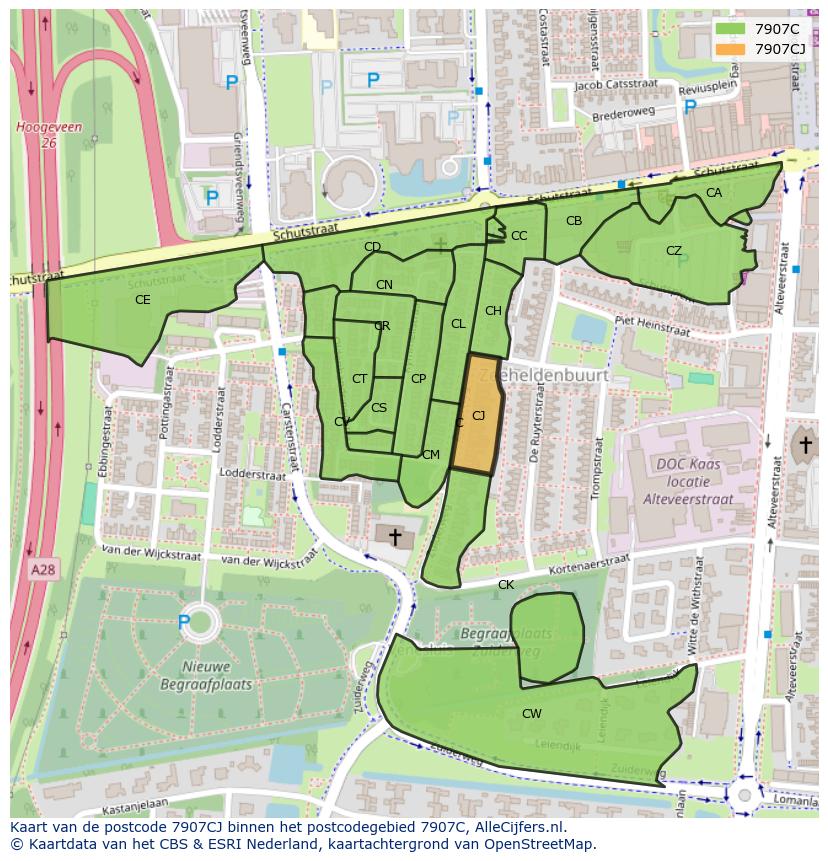 Afbeelding van het postcodegebied 7907 CJ op de kaart.