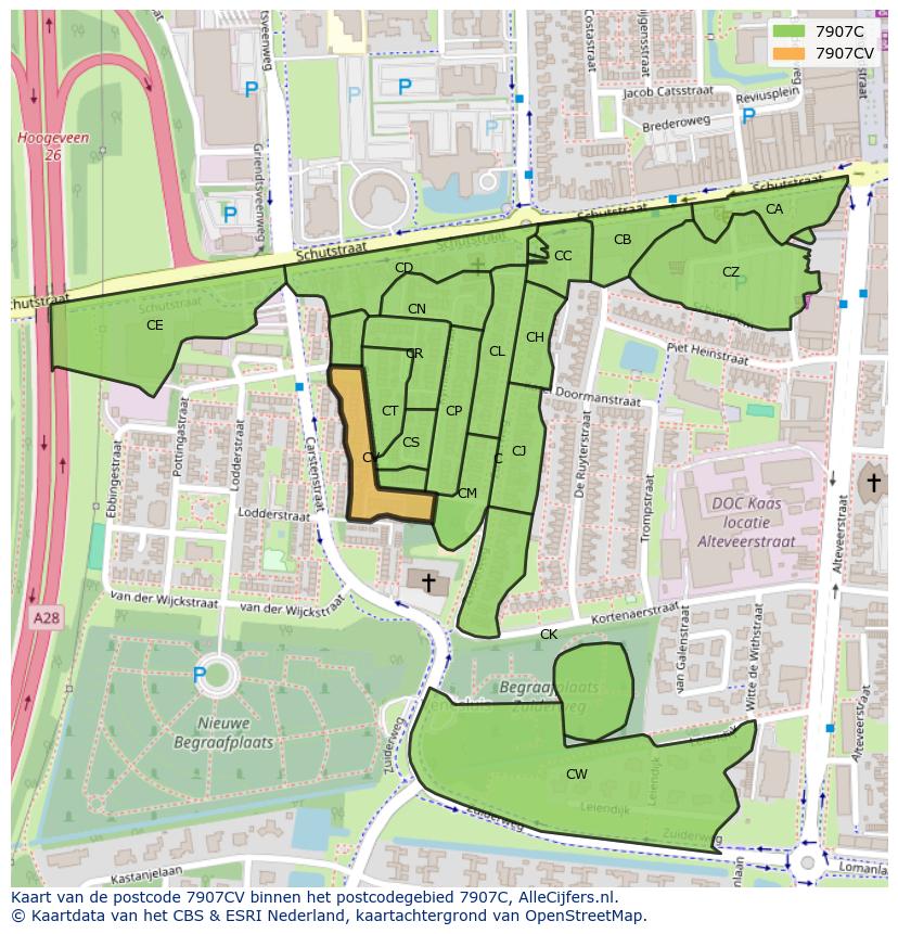Afbeelding van het postcodegebied 7907 CV op de kaart.