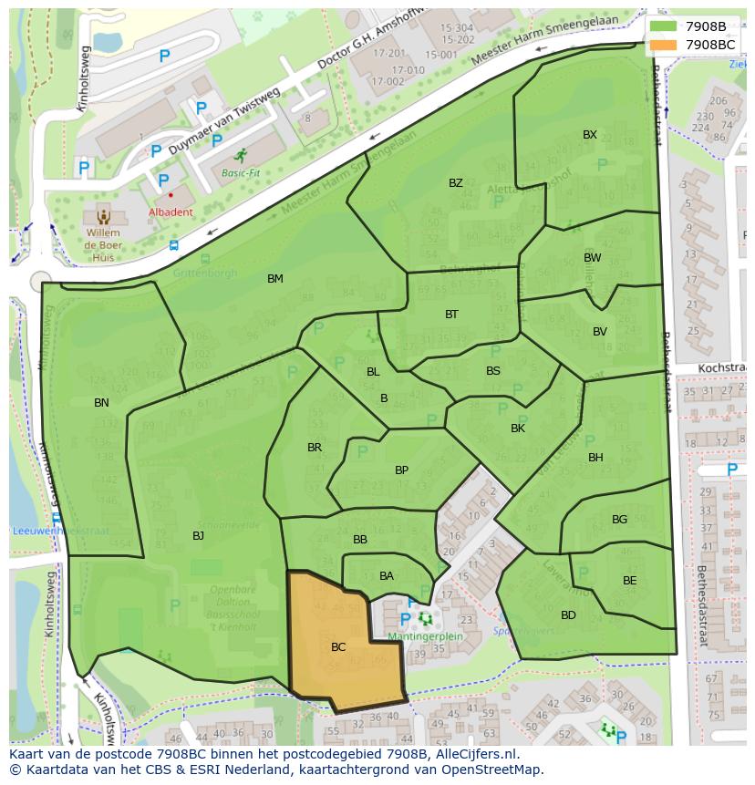 Afbeelding van het postcodegebied 7908 BC op de kaart.