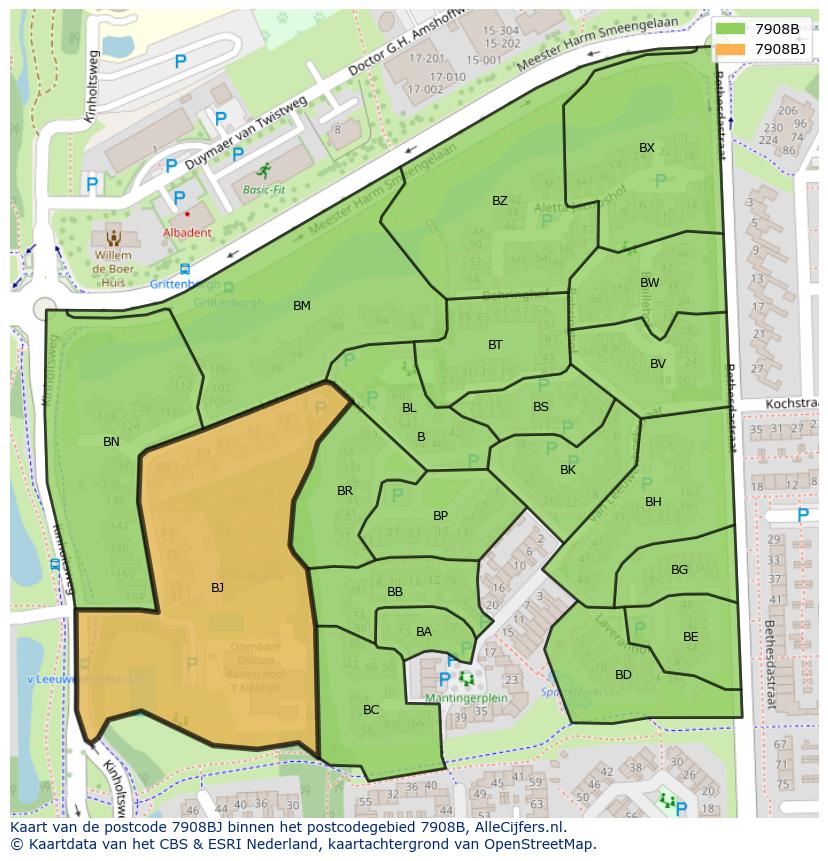 Afbeelding van het postcodegebied 7908 BJ op de kaart.