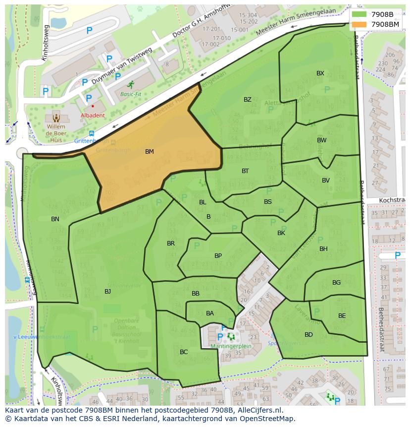 Afbeelding van het postcodegebied 7908 BM op de kaart.