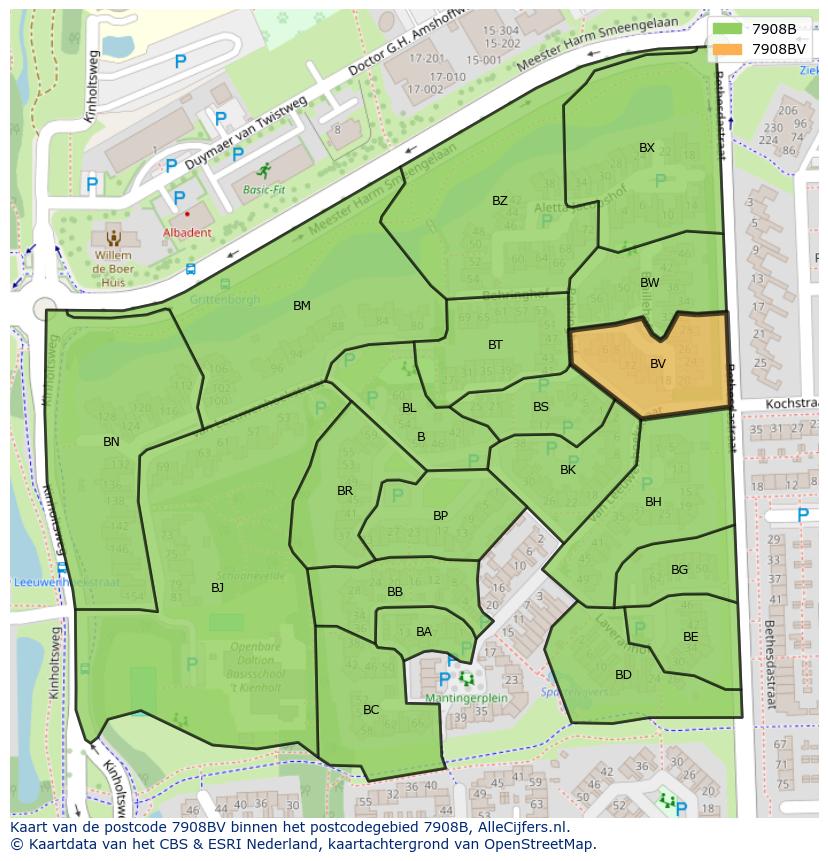 Afbeelding van het postcodegebied 7908 BV op de kaart.