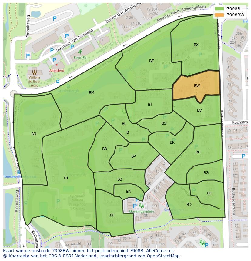 Afbeelding van het postcodegebied 7908 BW op de kaart.