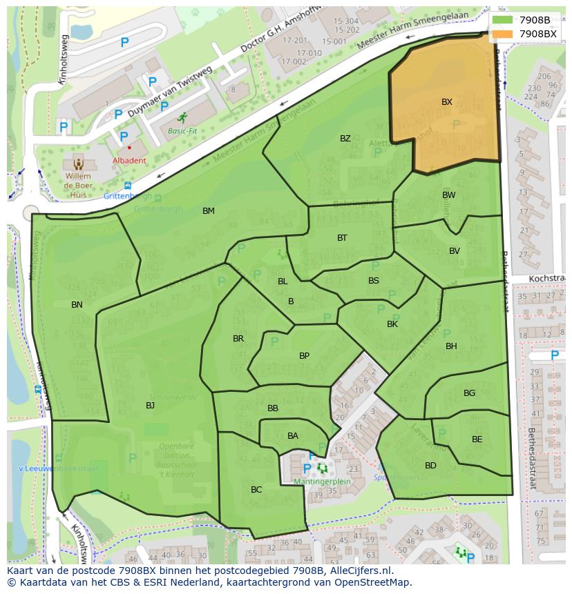 Afbeelding van het postcodegebied 7908 BX op de kaart.
