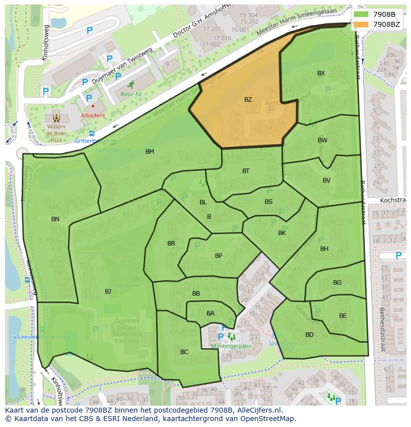 Afbeelding van het postcodegebied 7908 BZ op de kaart.