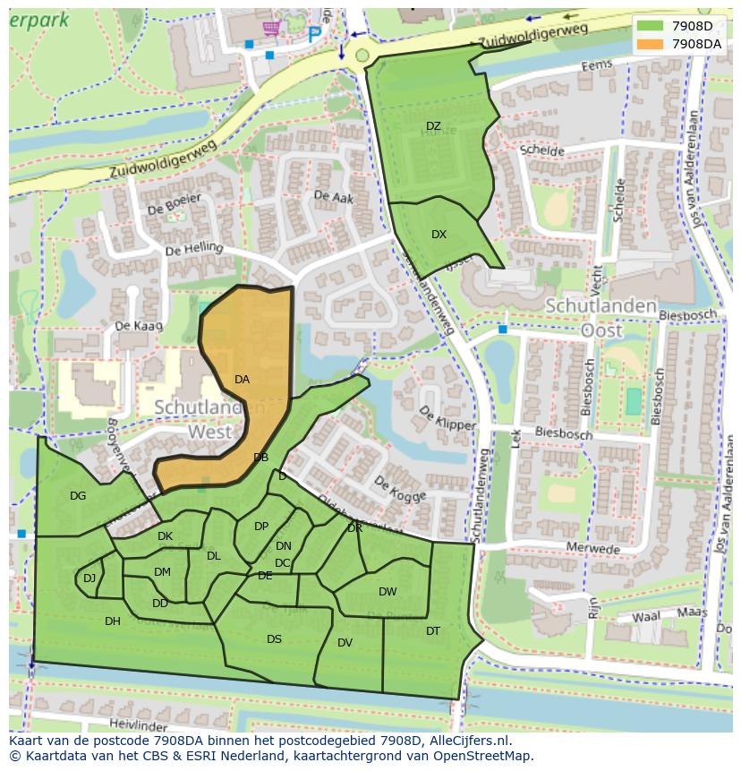Afbeelding van het postcodegebied 7908 DA op de kaart.