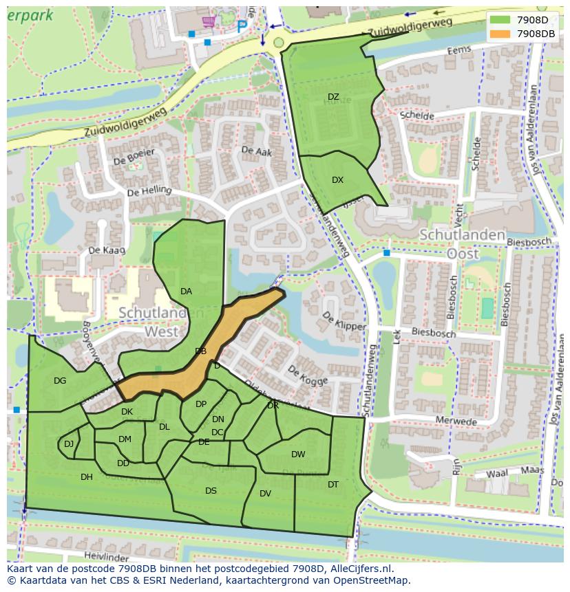 Afbeelding van het postcodegebied 7908 DB op de kaart.