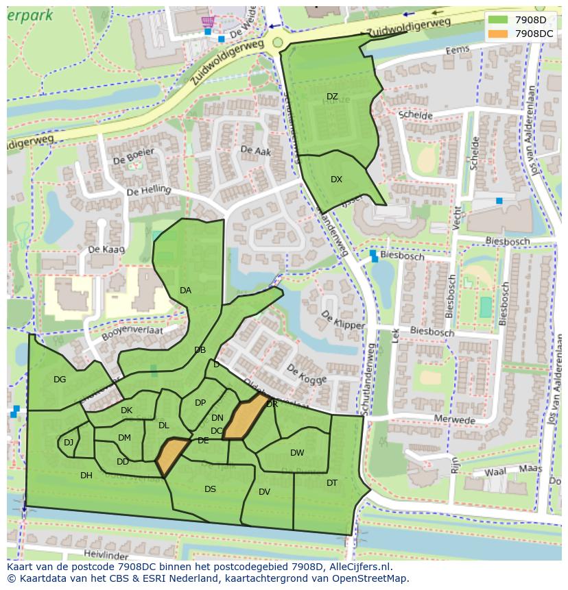 Afbeelding van het postcodegebied 7908 DC op de kaart.