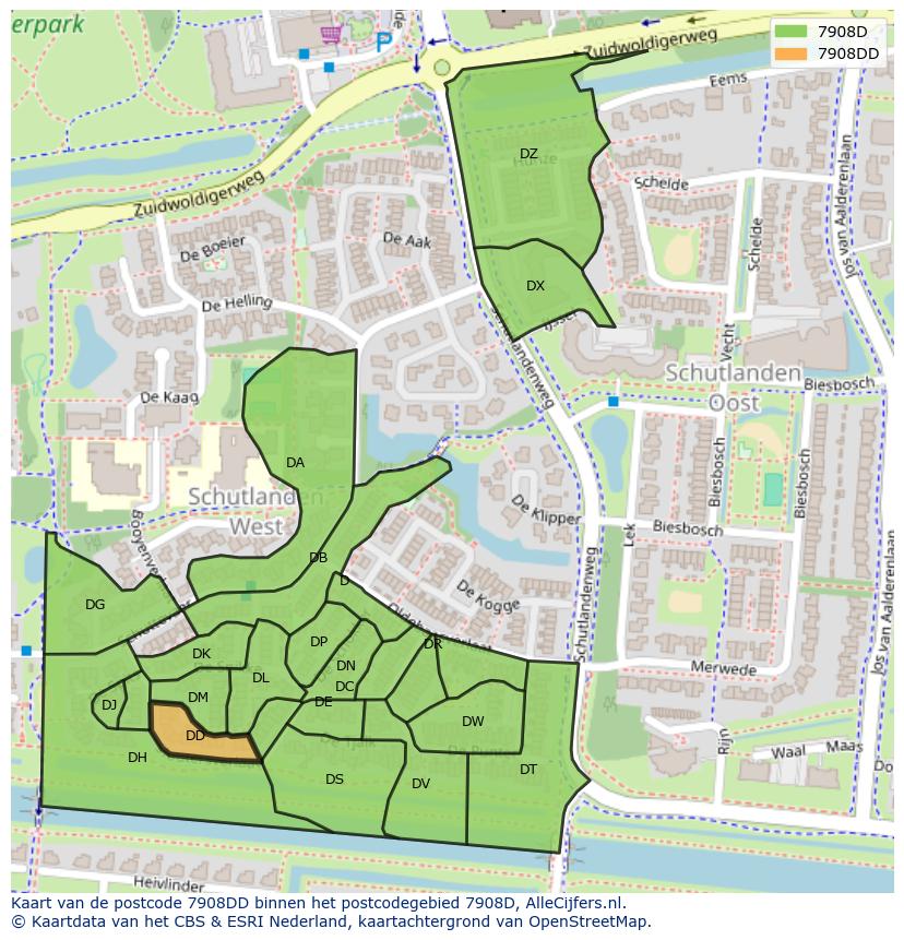Afbeelding van het postcodegebied 7908 DD op de kaart.
