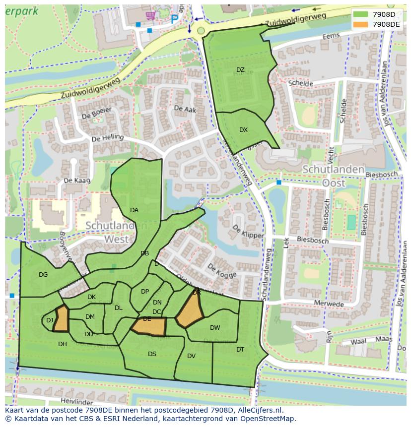 Afbeelding van het postcodegebied 7908 DE op de kaart.