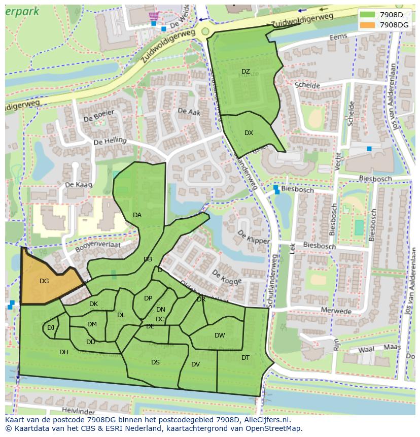 Afbeelding van het postcodegebied 7908 DG op de kaart.