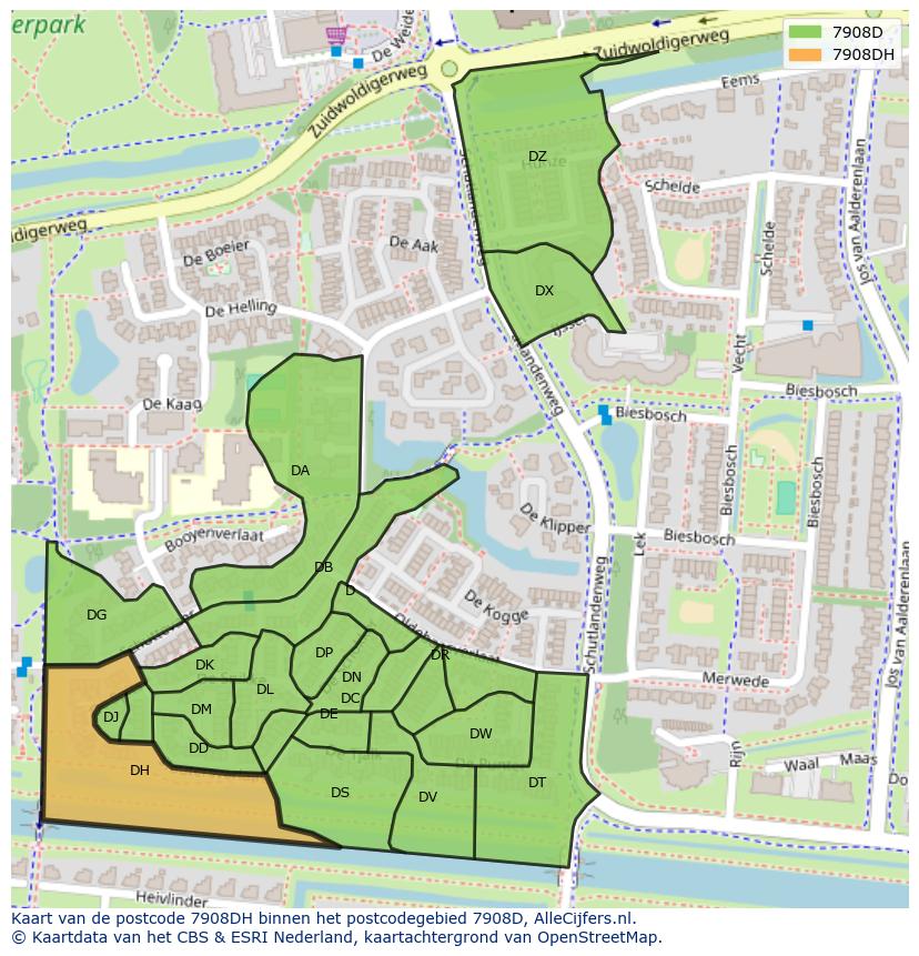 Afbeelding van het postcodegebied 7908 DH op de kaart.