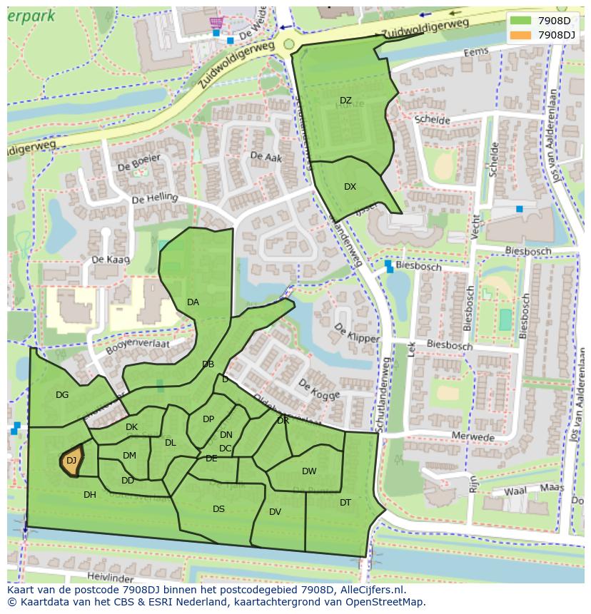 Afbeelding van het postcodegebied 7908 DJ op de kaart.