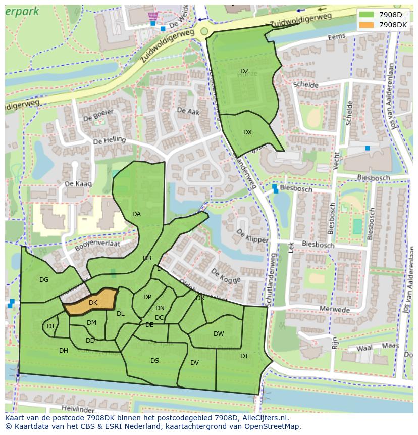 Afbeelding van het postcodegebied 7908 DK op de kaart.