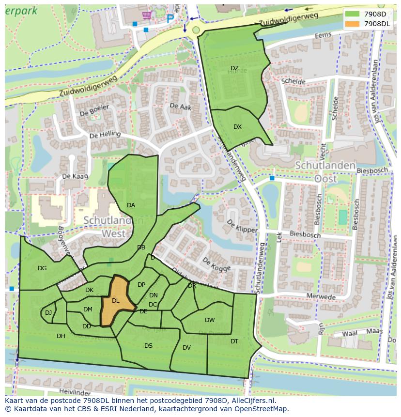 Afbeelding van het postcodegebied 7908 DL op de kaart.