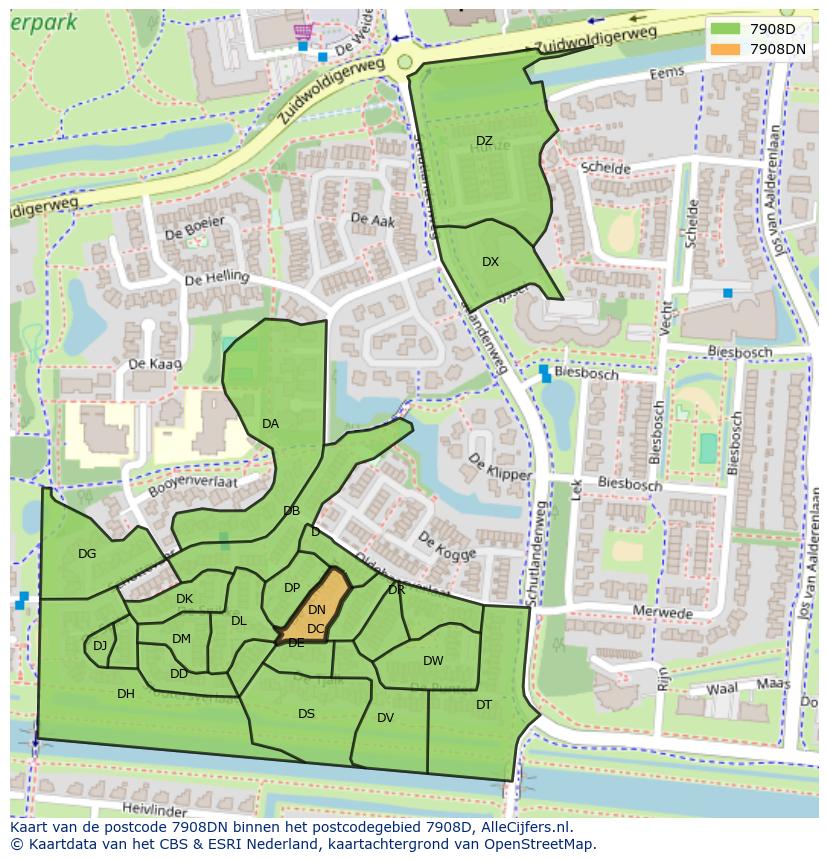 Afbeelding van het postcodegebied 7908 DN op de kaart.