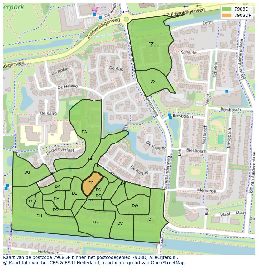 Afbeelding van het postcodegebied 7908 DP op de kaart.