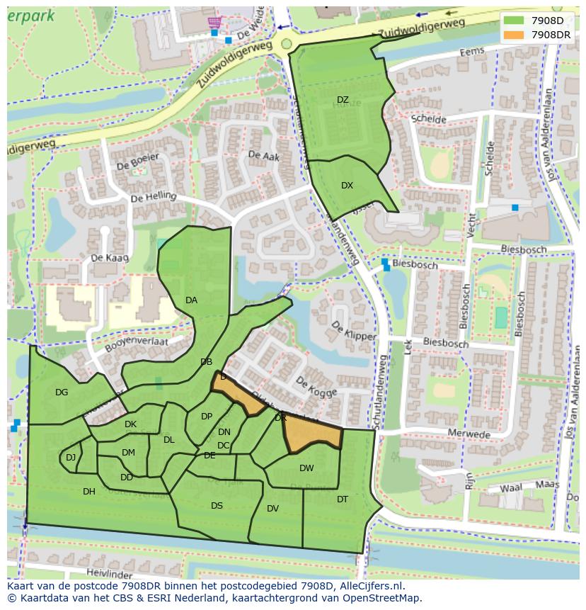 Afbeelding van het postcodegebied 7908 DR op de kaart.
