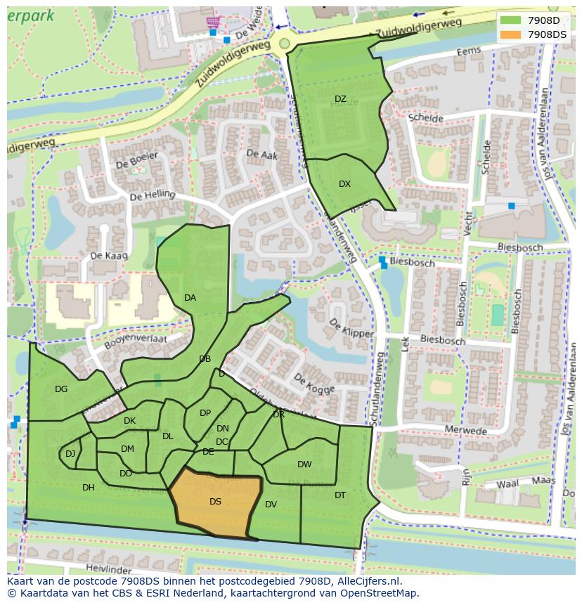 Afbeelding van het postcodegebied 7908 DS op de kaart.