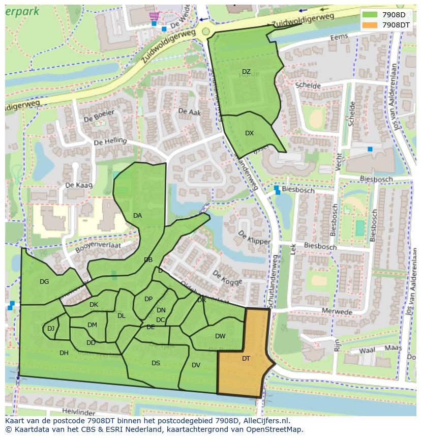 Afbeelding van het postcodegebied 7908 DT op de kaart.