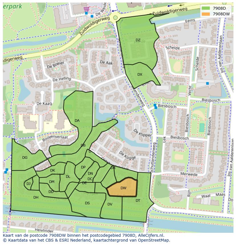 Afbeelding van het postcodegebied 7908 DW op de kaart.